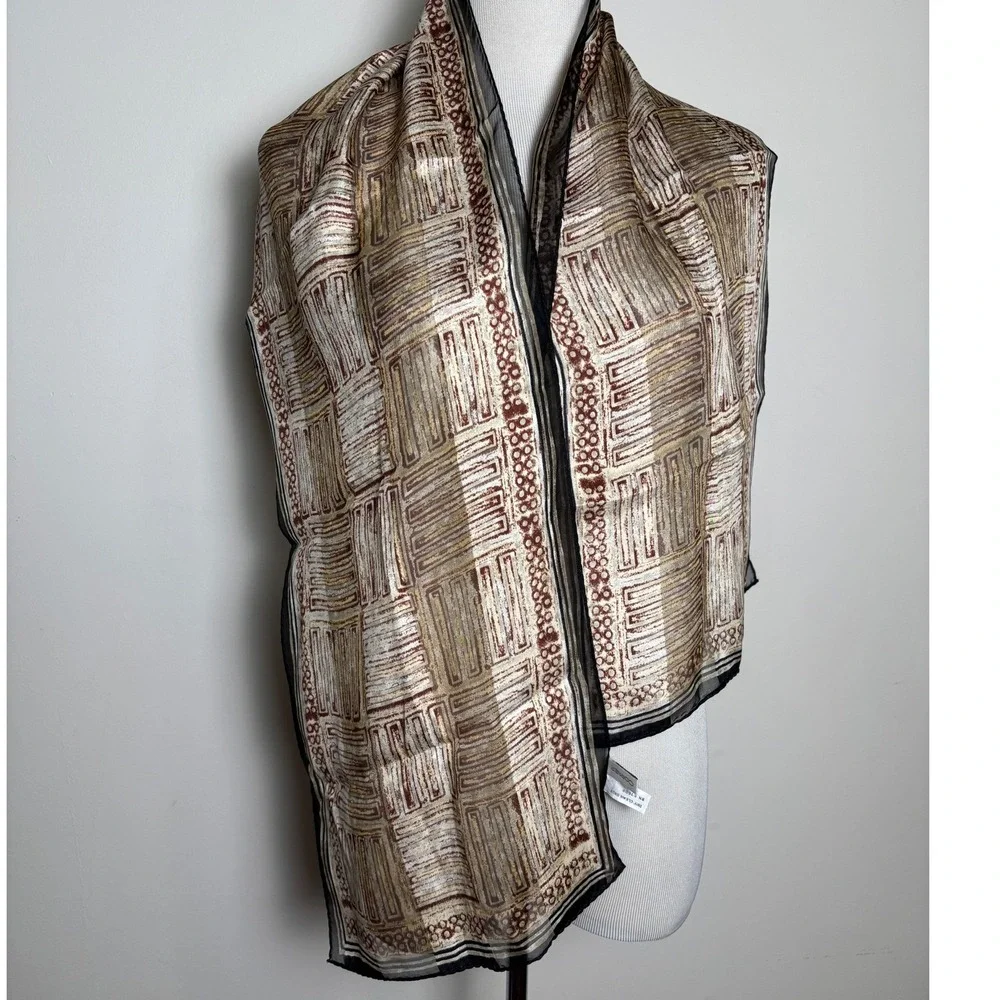 Vintage Silk Scarf Casual Corner Rectangle Brown Earth Tone Semi-Sheer